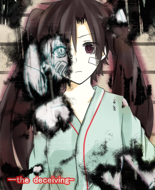 alternate_costume bad_id bad_pixiv_id bandaid bandaid_on_face bangs black_eyes black_hair burnt closed_mouth empty_eyes ene_(kagerou_project) enomoto_takane facial_mark frown hospital_gown kagerou_project long_hair long_sleeves looking_at_viewer revealing_cutout sad solo spoilers tamana_(mizu-oyu) twintails upper_body