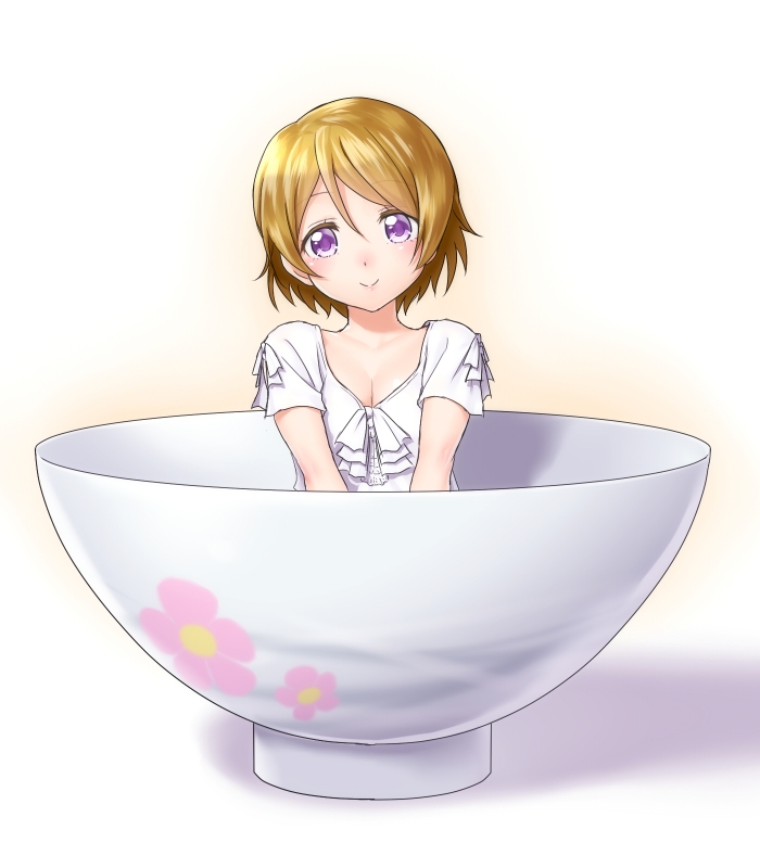 bowl brown_hair casual dress in_bowl in_container koizumi_hanayo looking_at_viewer love_live! love_live!_school_idol_project onsoku_maru purple_eyes rice_bowl short_hair smile solo