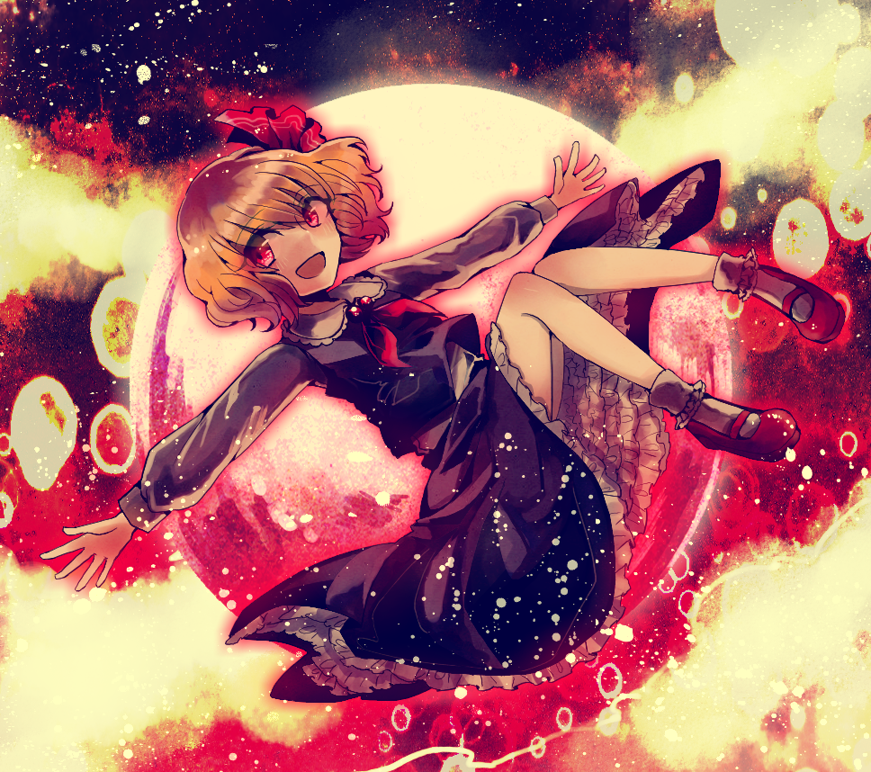 bad_id bad_pixiv_id blonde_hair frilled_skirt frills full_moon hair_ribbon long_sleeves looking_at_viewer mizuoka_magu moon open_mouth outstretched_arms red_eyes red_footwear red_ribbon ribbon rumia shoes short_hair skirt skirt_set socks solo touhou vest