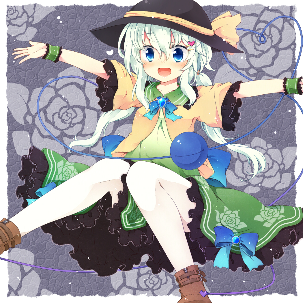 adapted_costume bad_id bad_pixiv_id blue_eyes bow brooch dress floral_print fuuen_(akagaminanoka) green_dress hair_ornament hairclip hat hat_ribbon heart jacket jewelry knees_together_feet_apart komeiji_koishi open_clothes open_jacket open_mouth outstretched_arms ribbon short_sleeves silver_hair smile solo third_eye touhou wrist_cuffs