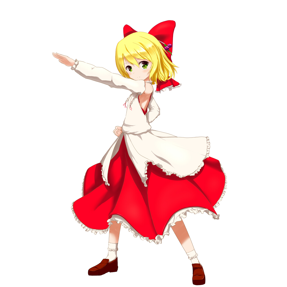 blonde_hair bow full_body green_eyes hair_bow hair_ornament henshin_pose long_skirt long_sleeves looking_at_viewer outstretched_arm pose red_bow red_skirt ribbon satsuki_rin shoes short_hair skirt socks solo taihentai touhou white_background white_legwear