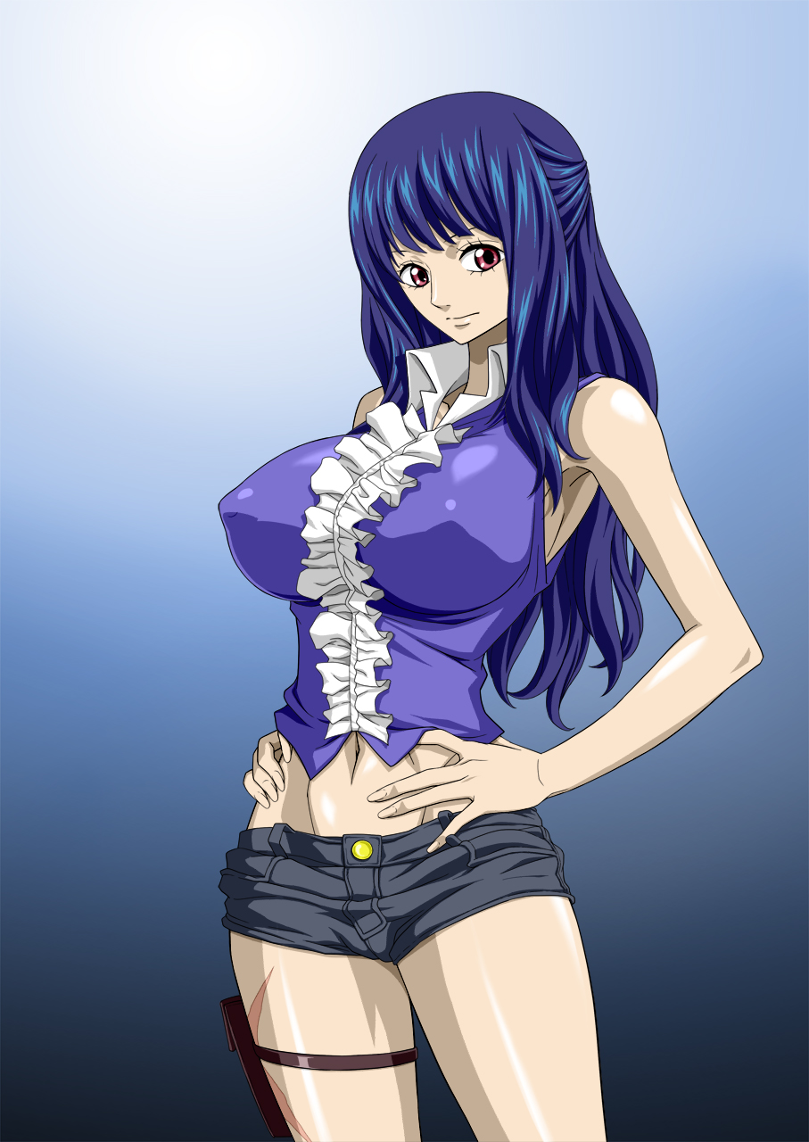 1girl armpits blue_hair breasts ein_(one_piece) gradient gradient_background hands_on_hips highres large_breasts legs long_hair looking_at_viewer navel nel-zel_formula one_piece one_piece_film_z red_eyes scar short_shorts shorts simple_background solo standing thighs
