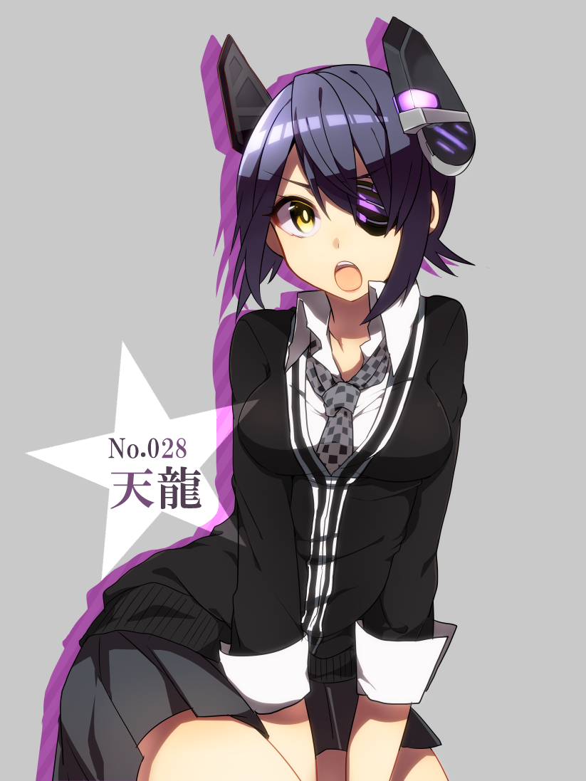 character_name eyepatch headgear kantai_collection necktie open_mouth purple_hair school_uniform short_hair solo tenryuu_(kantai_collection) translated usuke_(38257259) yellow_eyes