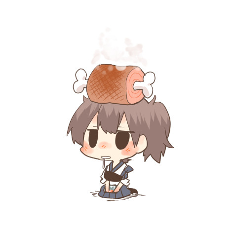 black_eyes blush boned_meat brown_hair chibi drooling food kaga_(kantai_collection) kantai_collection lowres meat muneate object_on_head open_mouth rebecca_(keinelove) short_hair side_ponytail sitting solid_oval_eyes solo