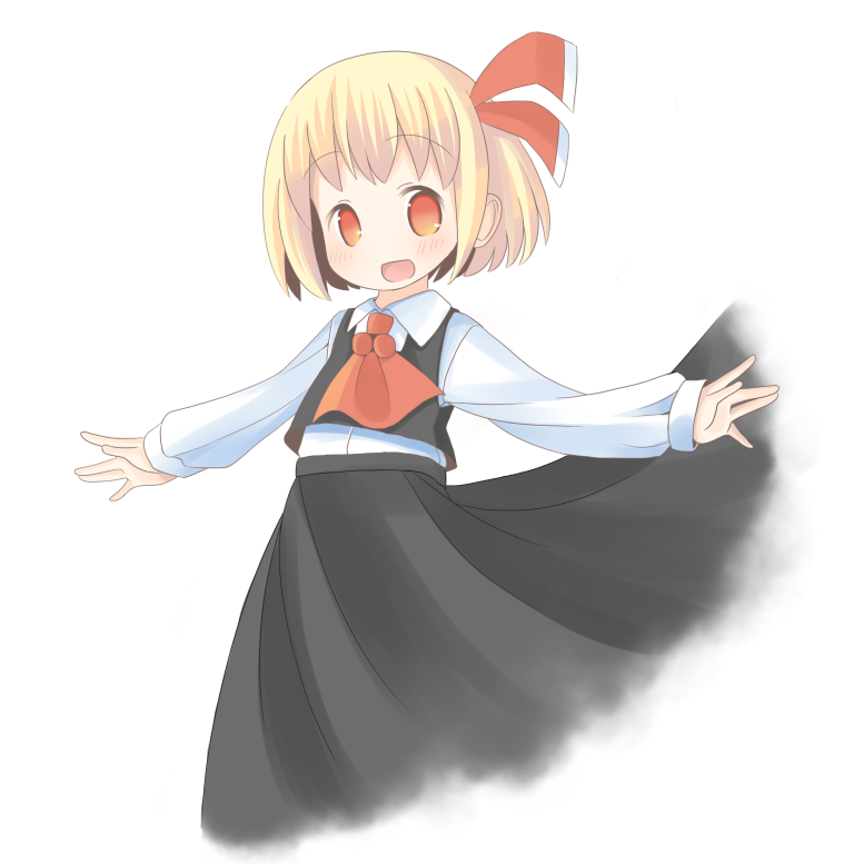 ascot black_skirt blonde_hair blush hair_ribbon long_sleeves looking_at_viewer maroinu open_mouth outstretched_arms red_eyes red_ribbon ribbon rumia shirt short_hair skirt solo touhou vest white_background white_shirt