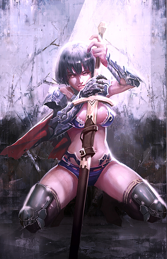 armor bikini_armor black_hair longai looking_at_viewer md5_mismatch midriff navel original red_eyes resized short_hair solo squatting sword thighhighs upscaled weapon