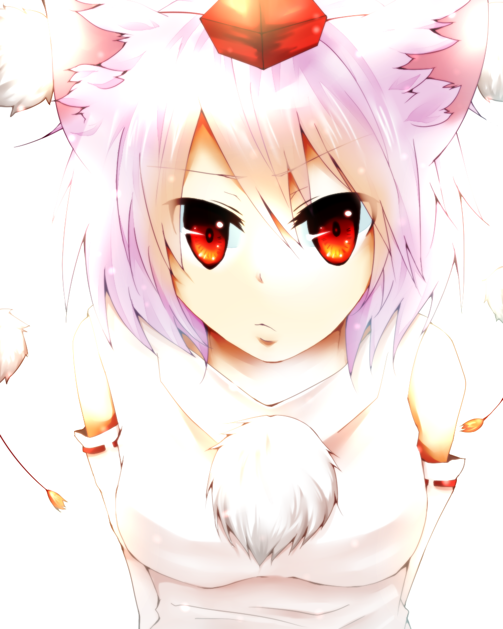 animal_ears bare_shoulders breasts detached_sleeves hat highres hokuto_shigure inubashiri_momiji looking_at_viewer medium_breasts pom_pom_(clothes) red_eyes short_hair silver_hair solo tokin_hat touhou wolf_ears