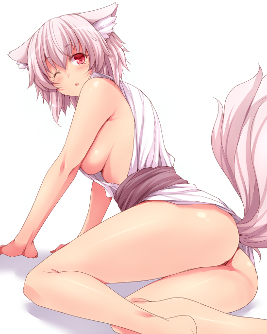 animal_ears ass bare_shoulders bottomless breasts commentary_request hasu_(hk_works) inubashiri_momiji large_breasts looking_at_viewer looking_back md5_mismatch naked_shirt one_eye_closed open_mouth pink_eyes sash shirt sideboob silver_hair sitting sleeveless sleeveless_shirt solo tail tears touhou wolf_ears wolf_tail