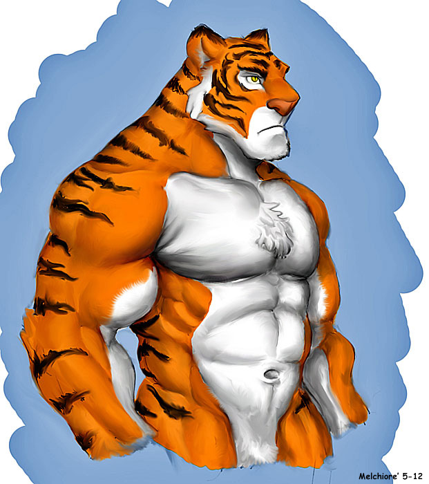 abs anthro biceps big_muscles black_fur body_markings chest_tuft feline fur male mammal markings melchiore muscles navel nipples nude orange_fur pecs pink_nose plain_background pose solo standing stripes tiger tuft white_background white_fur yellow_eyes