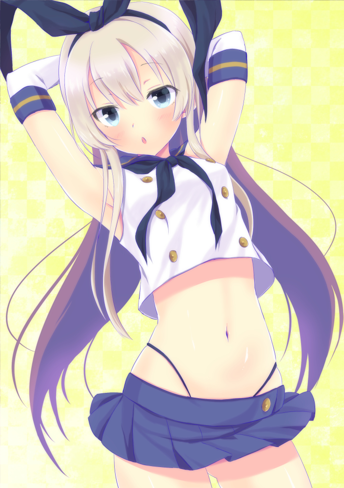 :o airhythm99 armpits arms_behind_head bad_id bad_pixiv_id blonde_hair blue_eyes blush checkered checkered_background elbow_gloves gloves hairband kantai_collection long_hair looking_at_viewer navel shimakaze_(kantai_collection) skirt solo yellow_background