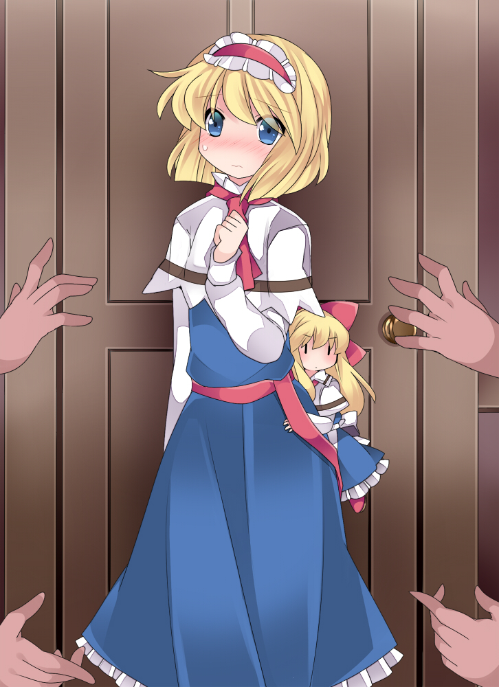 alice_margatroid blonde_hair blue_dress blue_eyes blush bow capelet commentary doll door dress hair_bow hairband hammer_(sunset_beach) long_hair looking_at_viewer multiple_hands shanghai_doll short_hair solo_focus touhou |_|