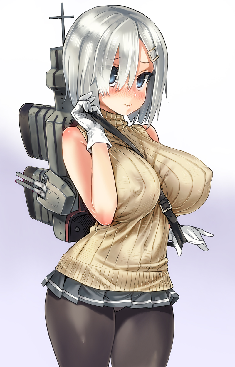 alternate_costume asanagi between_breasts black_legwear blue_eyes blush breasts covered_nipples gloves hair_ornament hair_over_one_eye hairclip hamakaze_(kantai_collection) highres kantai_collection large_breasts looking_at_viewer panties panties_under_pantyhose pantyhose ribbed_sweater short_hair silver_hair skirt sleeveless sleeveless_turtleneck solo strap_cleavage sweater turtleneck underwear white_gloves