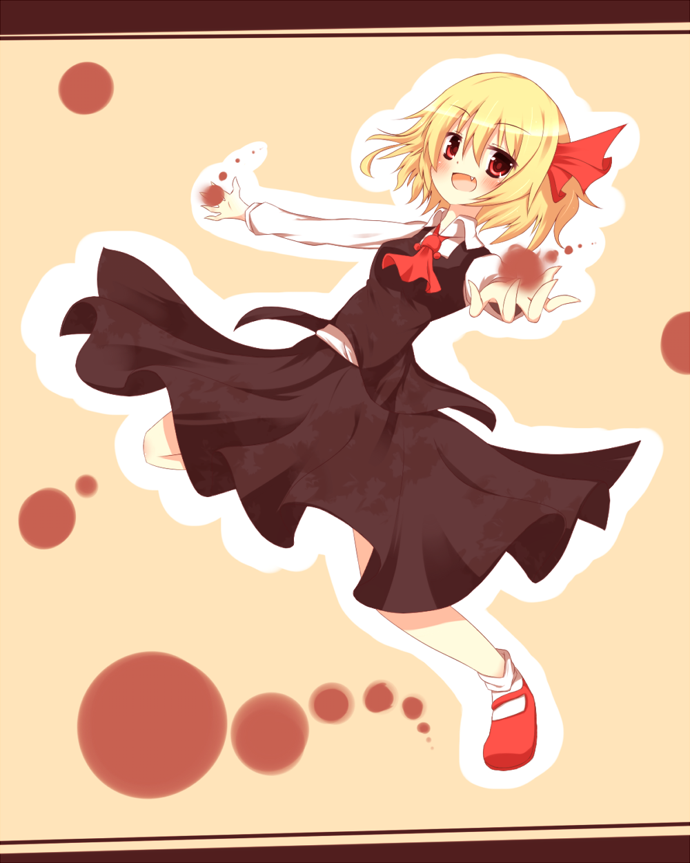 ascot black_skirt blonde_hair blush bow fang full_body gaius_(nikoniko2) hair_bow highres long_sleeves looking_at_viewer open_mouth outstretched_arms red_eyes red_footwear rumia shirt shoes short_hair simple_background skirt socks solo touhou vest white_shirt