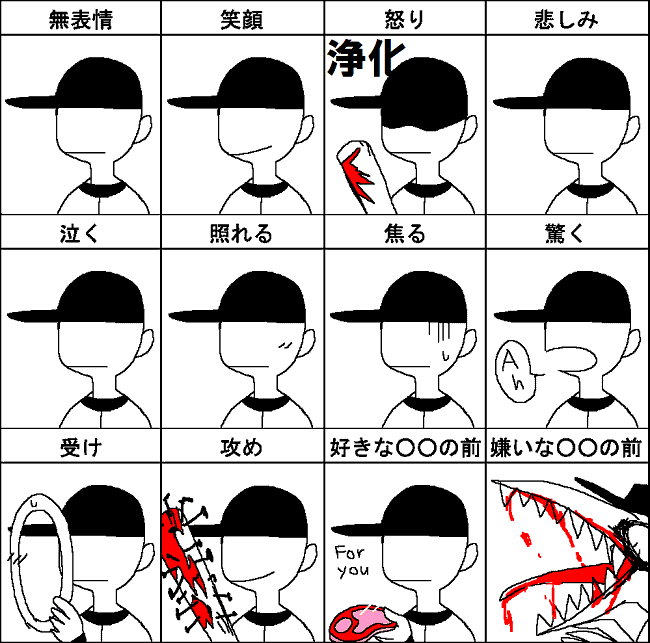 baseball_bat blood commentary_request english expression_chart flat_color food hat holding_baseball_bat limited_palette male_focus meat off open_mouth profanity purio_(zuga-n) sharp_teeth smile teeth the_batter translation_request