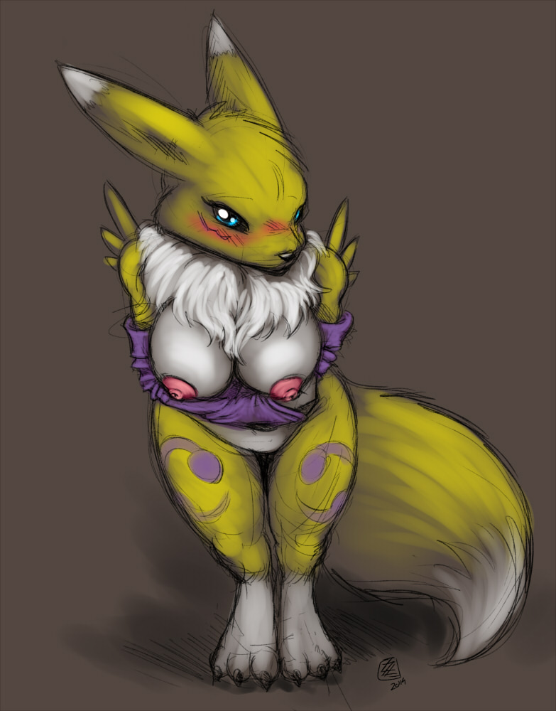 blush breasts canine digimon female fox fur mammal nipples nude renamon s-nina sketch solo yellow_fur