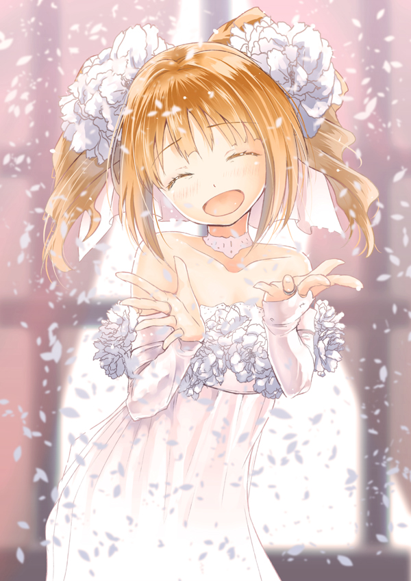 bare_shoulders bridal_gauntlets brown_hair closed_eyes dress flower gown hair_ornament idolmaster idolmaster_(classic) long_hair open_mouth petals smile solo strapless strapless_dress takatsuki_yayoi twintails yae_(mono110)