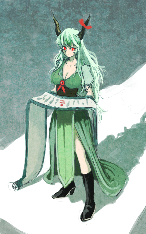 bad_id bad_pixiv_id boots breasts cleavage dress ex-keine green_dress green_hair horns hoshitetsu_ringo kamishirasawa_keine large_breasts long_dress long_hair reading red_eyes scroll shadow solo standing touhou