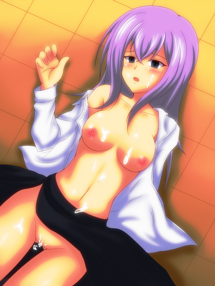 1girl black_eyes blush breasts cardfight!!_vanguard character_request cum female long_hair lying nipples on_back open_mouth purple_hair pussy solo source_request takappe tokura_misaki uncensored