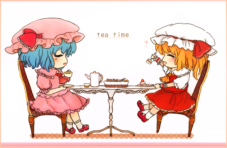 ascot bat_wings blonde_hair blue_hair cake chair chibi closed_eyes cup dress english flandre_scarlet food fork frame hat hat_ribbon heart md5_mismatch mob_cap multiple_girls open_mouth pink_dress puffy_sleeves red_dress rei_(tonbo0430) remilia_scarlet ribbon shirt short_sleeves siblings side_ponytail sisters smile strawberry_shortcake table teacup teapot touhou wings
