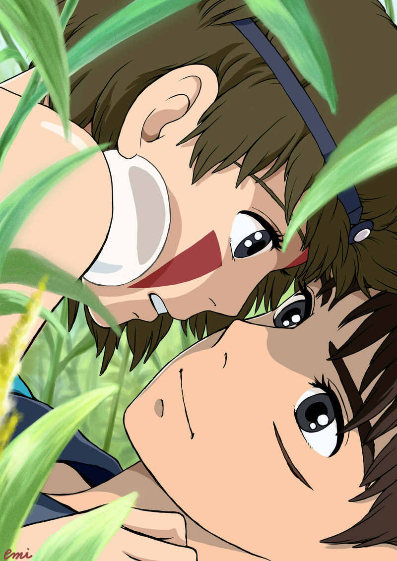 1girl artist_name ashitaka black_eyes brown_hair earrings emi_(green_wave) facepaint grass headband jewelry looking_at_another lying lying_on_person mononoke_hime outdoors san scar short_hair smile studio_ghibli