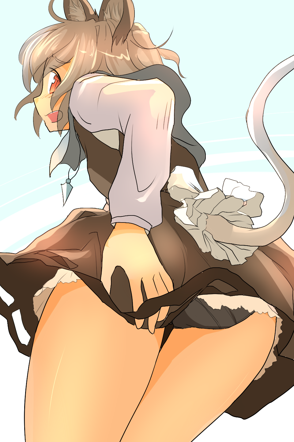 animal_ears ass blush capelet grey_hair hand_on_ass highres ishikkoro long_sleeves looking_at_viewer looking_back mouse_ears mouse_tail nazrin necktie open_mouth panties profile red_eyes ribbon shirt short_hair simple_background skirt skirt_set solo tail touhou underwear vest white_shirt