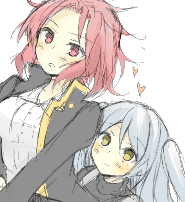 akuma_no_riddle bad_id bad_pixiv_id blush dress heart kirigaya_hitsugi minami_(kiminitokimeki) multiple_girls namatame_chitaru necktie red_eyes red_hair silver_hair simple_background smile trench_coat turtleneck twintails two_side_up yellow_eyes yuri