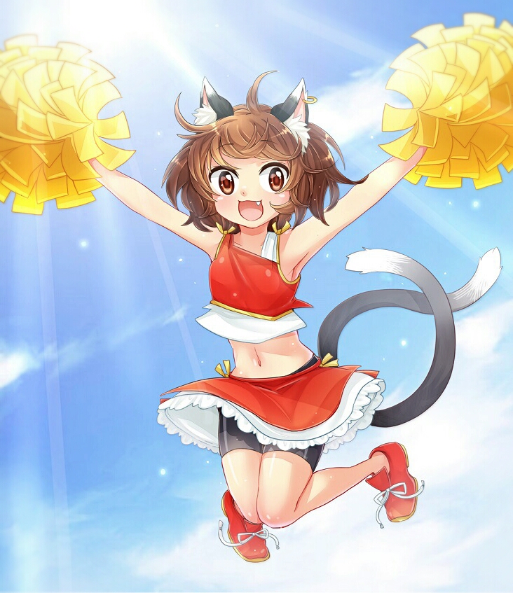 alternate_costume animal_ears armpits arms_up bike_shorts blue_sky brown_eyes brown_hair cat_ears cat_tail cheerleader chen cloud day ear_piercing fang ibaraki_natou jewelry jumping looking_at_viewer midriff multiple_tails navel nekomata open_mouth piercing pom_poms red_footwear shirt shoes shorts shorts_under_skirt single_earring skirt sky sleeveless sleeveless_shirt smile solo sunlight tail touhou