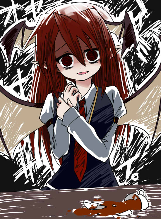 bat_wings commentary_request cup dress_shirt empty_eyes head_wings koakuma long_hair looking_at_viewer necktie open_mouth pointy_ears red_eyes red_hair red_neckwear shirt skirt skirt_set smile solo tea teacup touhou ugatsu_matsuki upper_body wings