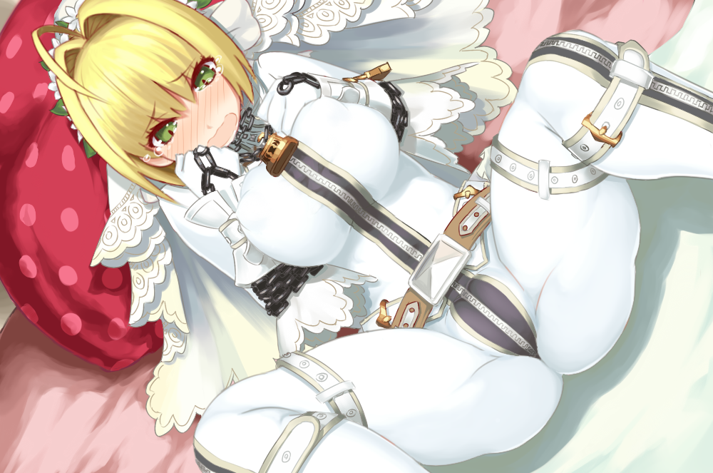 ahoge bdsm blonde_hair blush bodysuit bondage bound breasts chain dh_ead fate/extra fate/extra_ccc fate_(series) green_eyes large_breasts lock nero_claudius_(bride)_(fate) nero_claudius_(fate)_(all) padlock solo spread_legs tears veil white_bodysuit