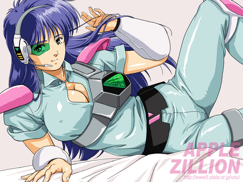 adjusting_hair akai_koudan_zillion apple_(zillion) blue_hair bodysuit bracer breasts cleavage covered_nipples crotch_seam green_eyes headset knee_pads large_breasts light_smile long_hair looking_at_viewer lying nolia oldschool on_side scouter shiny shiny_clothes shoulder_pads solo