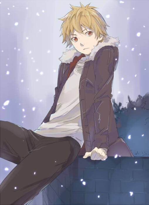arm_support brick_wall coat looking_at_viewer male_focus noragami outdoors rinda running_bond snow solo yukine_(noragami)