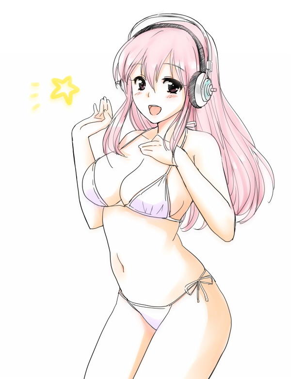 bad_id bad_pixiv_id bikini blush breasts headphones large_breasts long_hair looking_at_viewer navel nitroplus open_mouth pink_eyes pink_hair pytpyt side-tie_bikini simple_background smile solo super_sonico swimsuit white white_background white_bikini