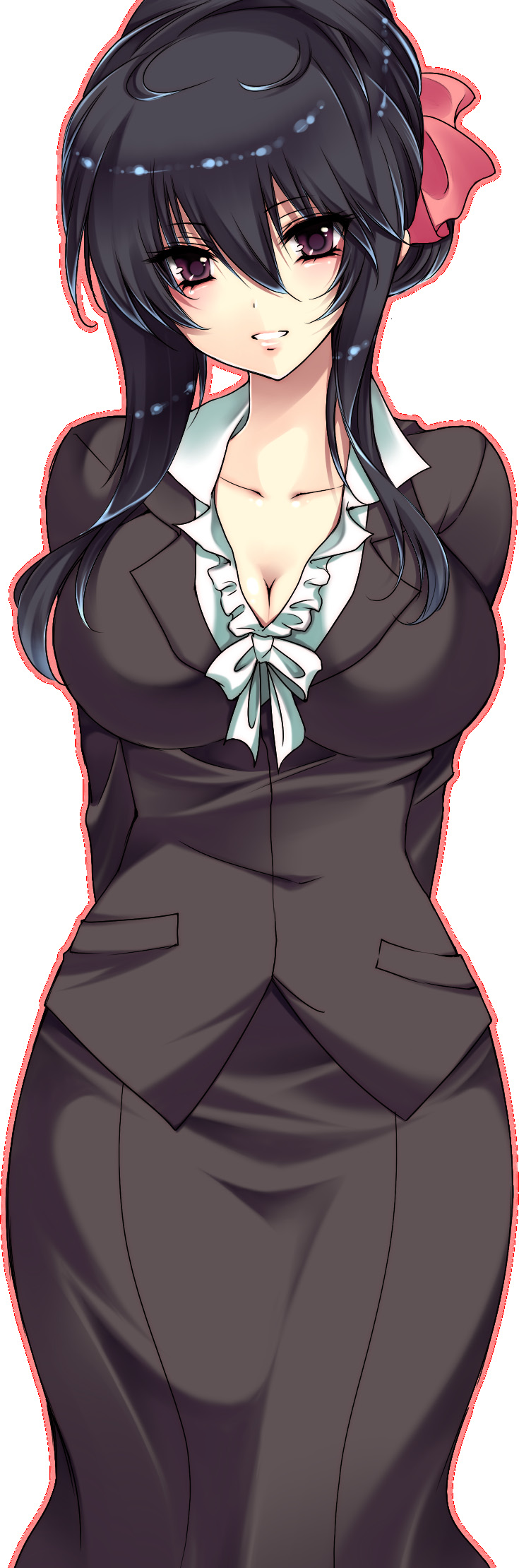 arms_behind_back black_eyes black_hair breasts cleavage formal hairband highres jacket kyan_(glira) large_breasts looking_at_viewer office_lady scan scan_artifacts sidelocks simple_background skirt_suit smile solo suit