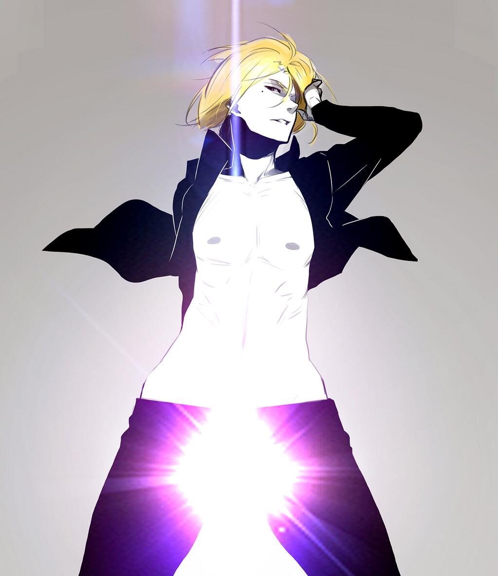 1boy abs fabulous facing_viewer grey_background hand_in_hair hips jacket light looking_to_side looking_to_the_side midriff mole mole_under_eye nipples open_clothes open_jacket original pants poaro solo sunburst