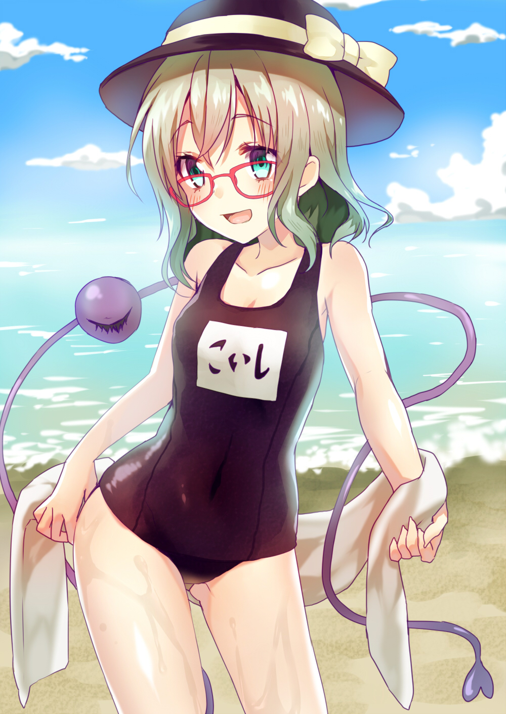 aqua_eyes bad_id bad_pixiv_id beach bespectacled blue_sky cloud collarbone day glasses hat hat_ribbon highres komeiji_koishi one-piece_swimsuit open_mouth outdoors red-framed_eyewear ribbon school_swimsuit shirako_sei silver_hair sky smile solo swimsuit third_eye touhou towel water wet