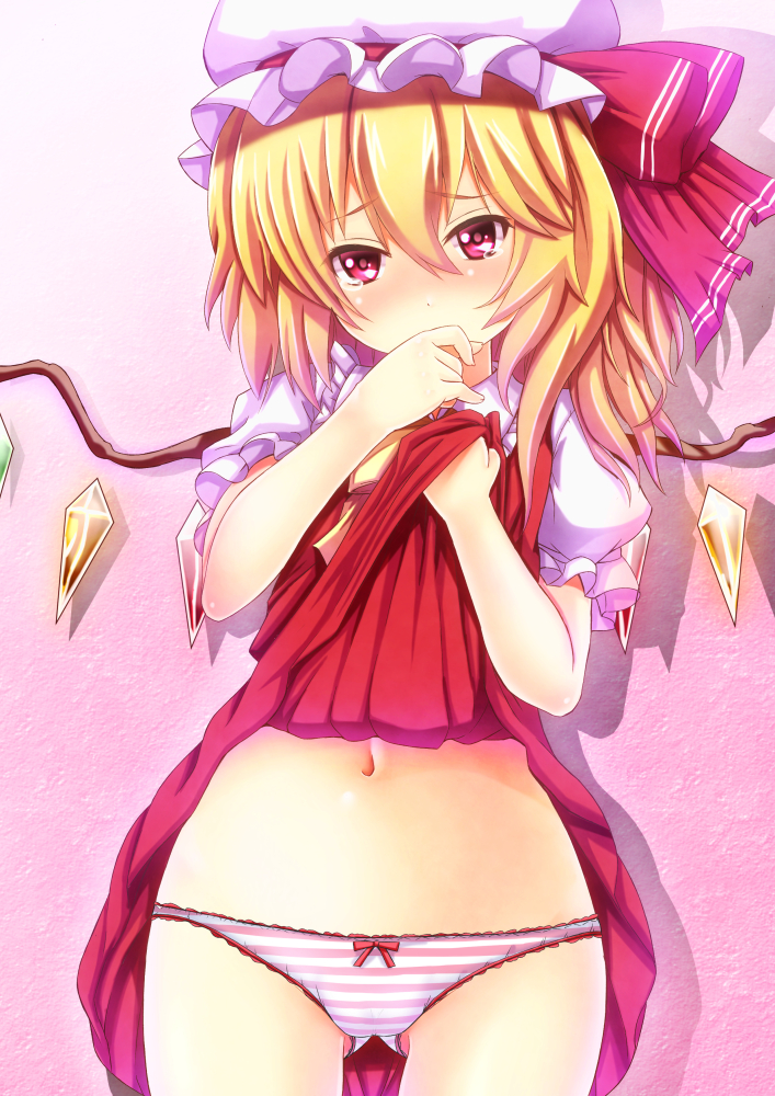 blonde_hair blush bow bow_panties commentary_request ebi_193 flandre_scarlet hat looking_at_viewer md5_mismatch navel panties petite red_eyes side_ponytail skirt skirt_lift solo striped striped_panties tears touhou underwear wings
