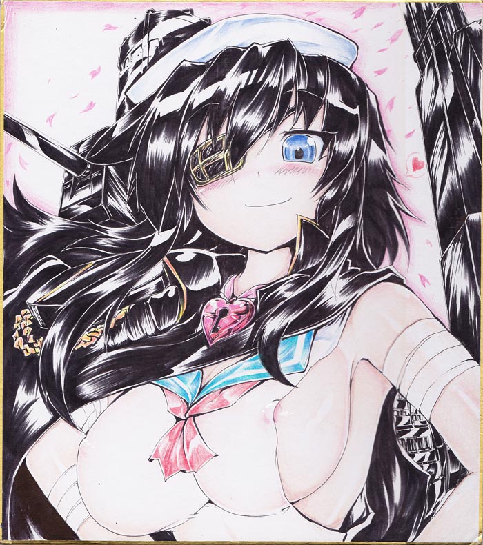 ascot bare_shoulders black_hair blue_eyes breasts cape covered_nipples eyepatch hands_on_hips hat kantai_collection kiso_(kantai_collection) large_breasts looking_at_viewer machinery okiraku_nikku remodel_(kantai_collection) shikishi sideboob smile solo traditional_media upper_body