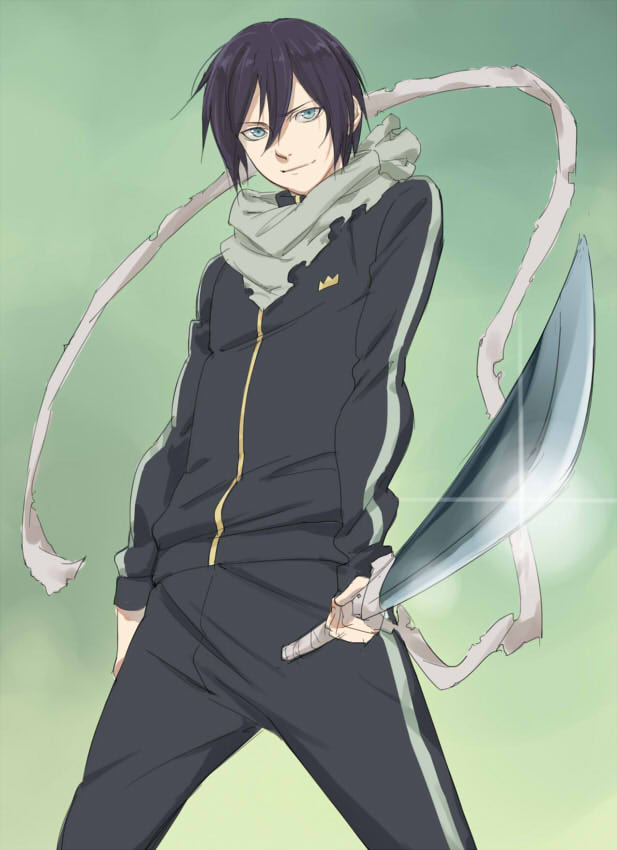 blue_eyes katana male_focus noragami rinda scarf simple_background smile solo sword track_suit weapon yato_(noragami)