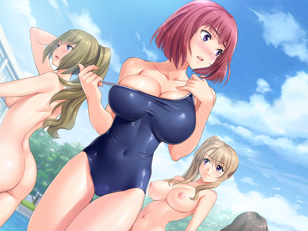 4girls areolae ass black_hair blonde_hair blush breasts cloud clouds game_cg green_hair highres huge_breasts large_breasts legs long_hair looking_away looking_back mochizuki_nozomu multiple_girls navel nipples nude ole-m pink_hair ponytail purple_eyes saimin_class short_hair sky smile standing sumino_hana swimsuit thighs undressing
