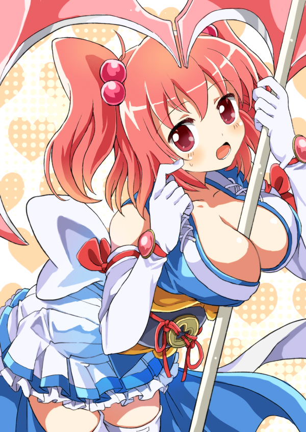 between_breasts breasts cleavage elbow_gloves gloves hair_bobbles hair_ornament large_breasts magical_girl onozuka_komachi red_eyes red_hair scythe solo touhou two_side_up yamisawa