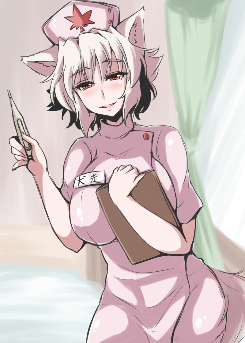 alternate_costume animal_ears blush breast_suppress breasts clipboard dress hat inubashiri_momiji large_breasts looking_at_viewer name_tag nurse nurse_cap red_eyes sekitaku short_sleeves smile solo tail thermometer touhou white_hair wolf_ears wolf_tail