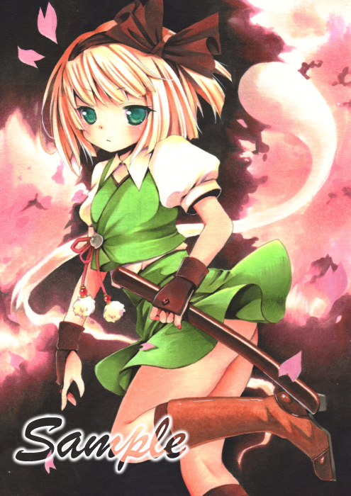 bob_cut bow cherry_blossoms funnyfunny green_eyes hair_bow hitodama katana konpaku_youmu konpaku_youmu_(ghost) petals sample sheath sheathed short_hair solo sword touhou weapon white_hair