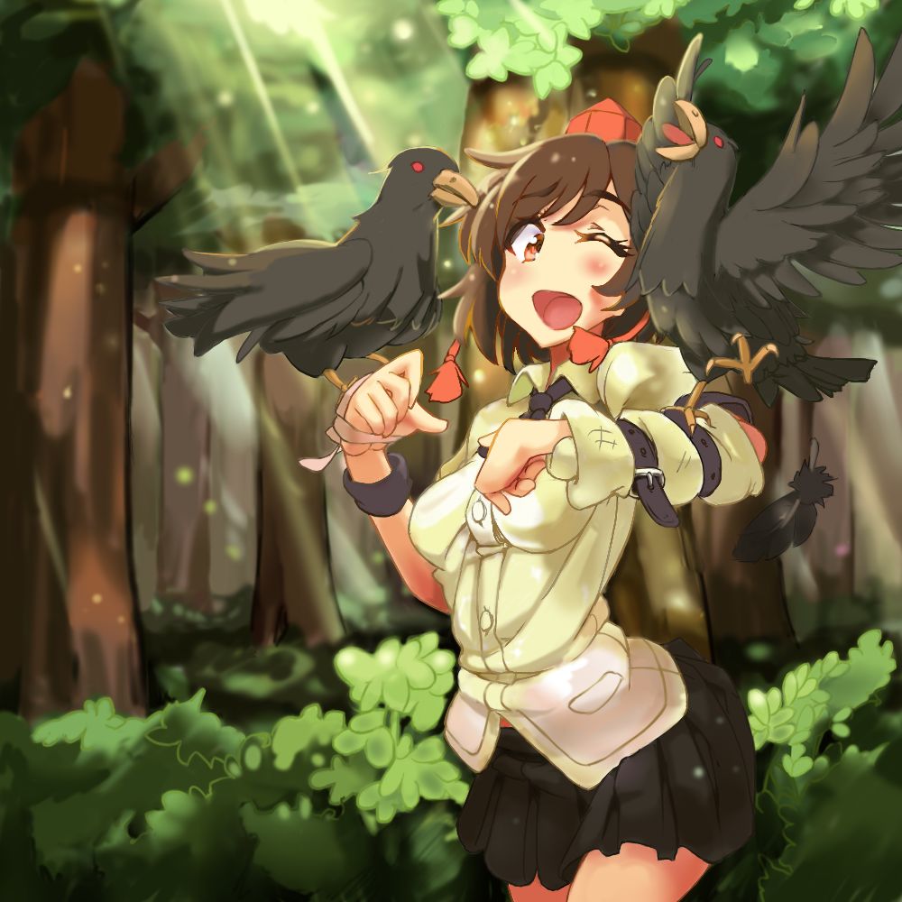 ;d belt belt_buckle bird black_skirt blush breasts brown_eyes brown_hair buckle crow forest hat light_particles looking_at_viewer medium_breasts nature oguro_(xhlj) one_eye_closed open_mouth pleated_skirt shameimaru_aya shirt short_hair skirt smile solo sunlight tokin_hat touhou tree wrist_wrap