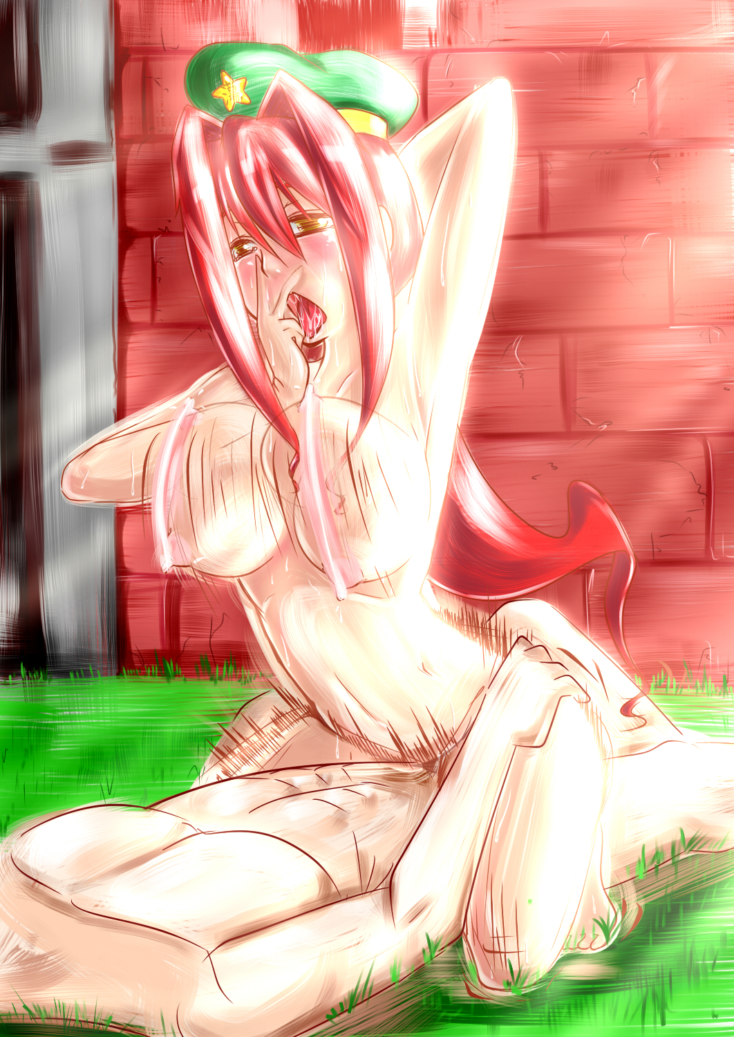 arm_behind_head assertive bad_id bad_pixiv_id blush bouncing_breasts breasts brick_wall cowgirl_position full-face_blush grass half-closed_eyes hand_on_own_face hat highres hong_meiling large_breasts motion_blur motion_lines navel nipples nude open_mouth outdoors red_hair reizou saliva sex sidelocks straddling sweat tongue tongue_out torogao touhou