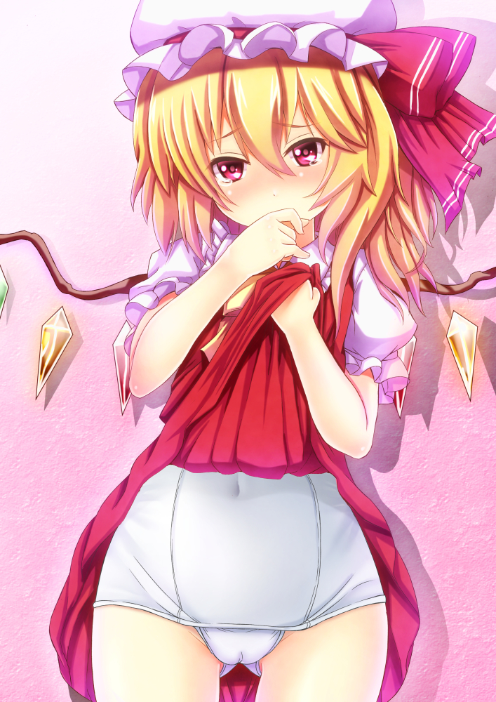 blonde_hair blush cameltoe ebi_193 flandre_scarlet hat looking_at_viewer md5_mismatch navel petite red_eyes school_swimsuit side_ponytail skirt skirt_lift solo swimsuit swimsuit_under_clothes tears touhou white_school_swimsuit white_swimsuit wings