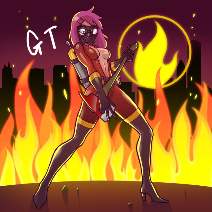1girl axe boots breasts fire gas_mask genderswap gloves gotwin high_heel_boots high_heels pink_hair team_fortress_2 tf2 the_pyro thigh_boots thighhighs weapon