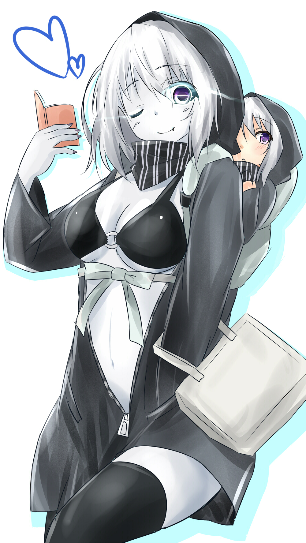 ;) alternate_breast_size black_bra black_legwear bra breasts commentary_request fang fang_out hand_in_pocket heart highres hood hooded_jacket if_they_mated jacket kantai_collection large_breasts looking_at_viewer mother_and_daughter motherly multiple_girls o-ring o-ring_top one_eye_closed pale_skin purple_eyes re-class_battleship saku_(kudrove) shinkaisei-kan silver_hair smile thighhighs underwear white_hair younger zettai_ryouiki