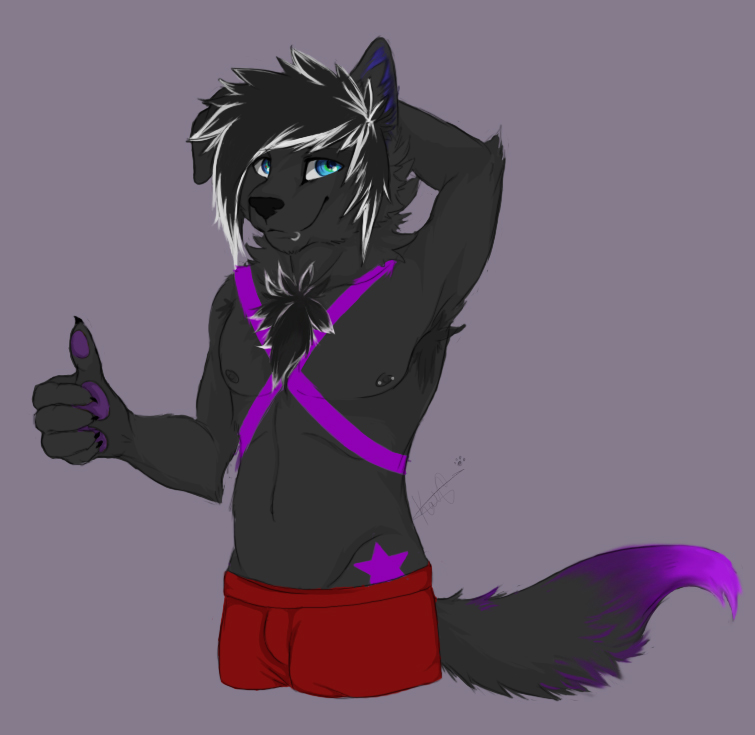 armpit_hair black_fur blue_eyes canine chest_tuft dog fluffy fur hair husky lexii looking_at_viewer male mammal markings nipples nox paw-pads pawpads piercing pit_hair plain_background pose purple_fur rottweiler smirk solo teenager thumbs-up thumbs_up tuft underwear white_hair