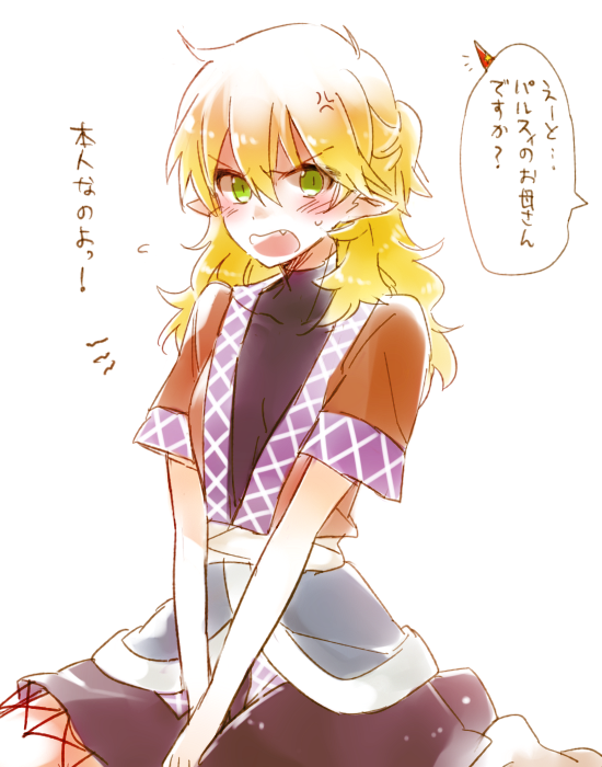 alternate_hair_length alternate_hairstyle anger_vein angry blonde_hair blush fang green_eyes horn long_hair messy_hair mizuhashi_parsee open_mouth pointy_ears simple_background six_(fnrptal1010) solo star touhou translated white_background