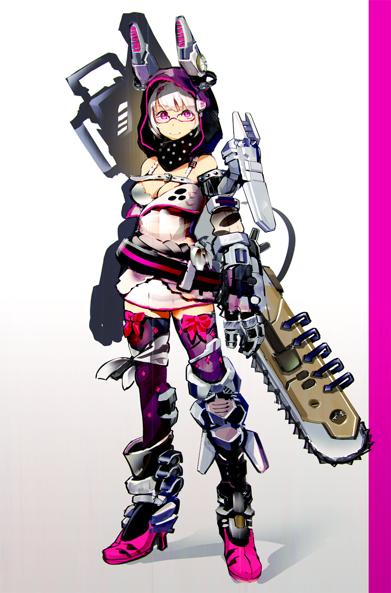 breasts chainsaw character_request cleavage glasses highres hood huge_weapon mecha_musume medium_breasts miniskirt mismatched_legwear pink_eyes red-framed_eyewear skirt so-bin solo thighhighs weapon white_hair zettai_ryouiki